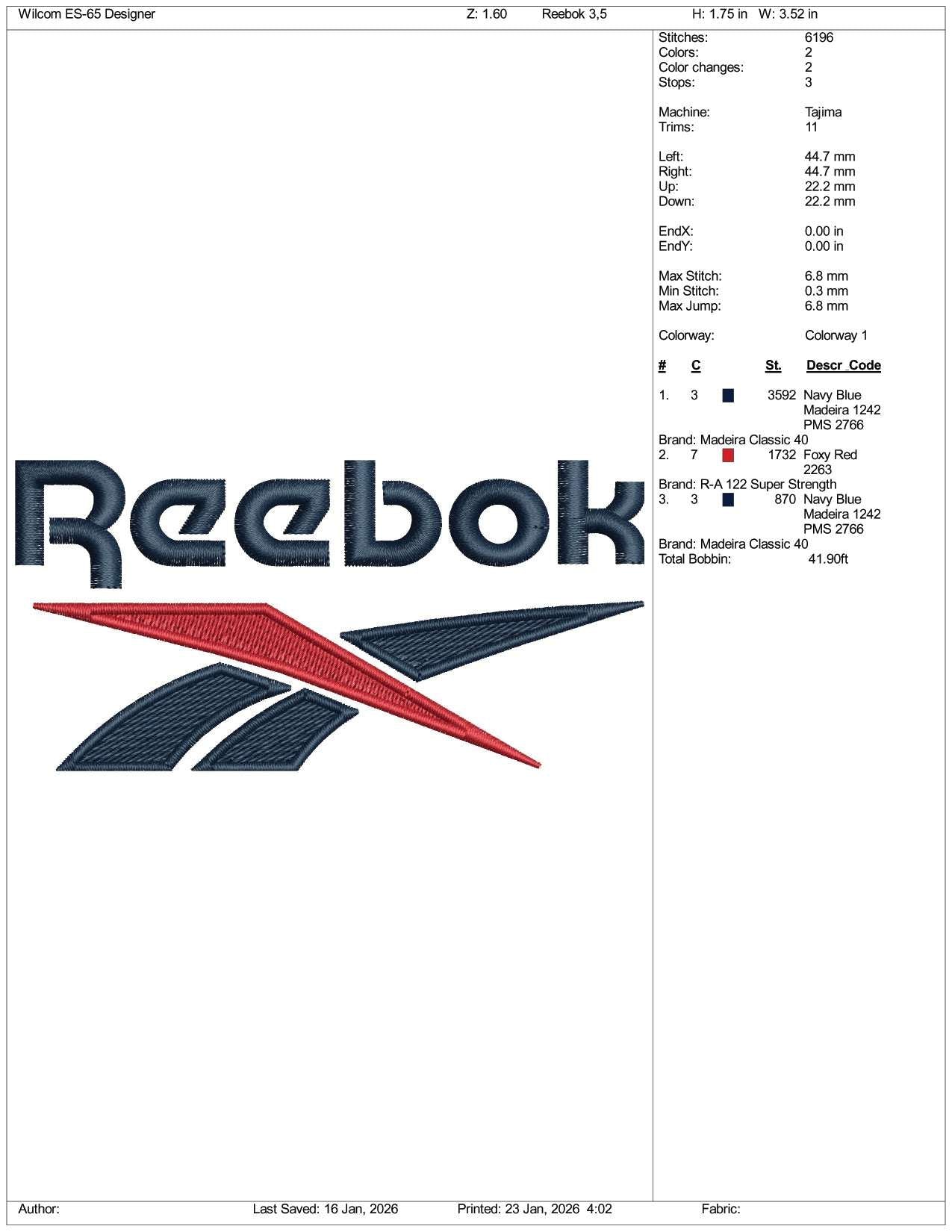 Reebok Embroidery Design Files - 3 Size's