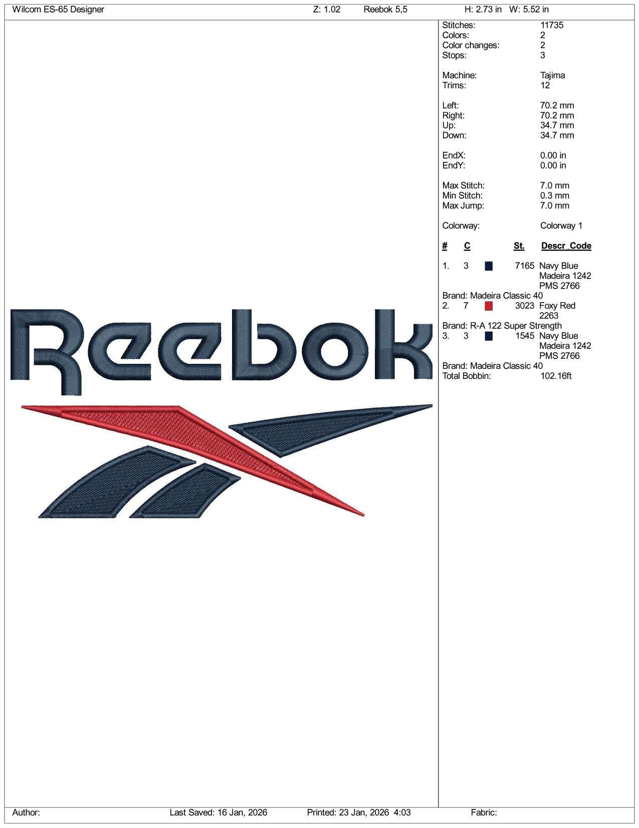 Reebok Embroidery Design Files - 3 Size's