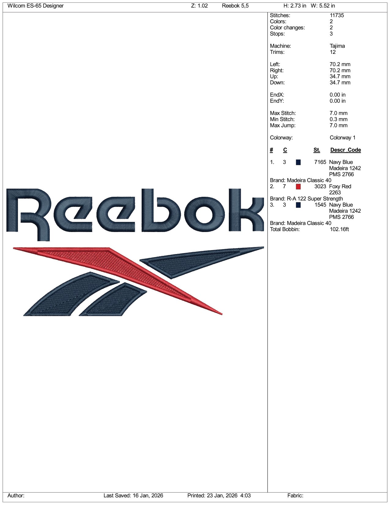 Reebok Embroidery Design Files - 3 Size's