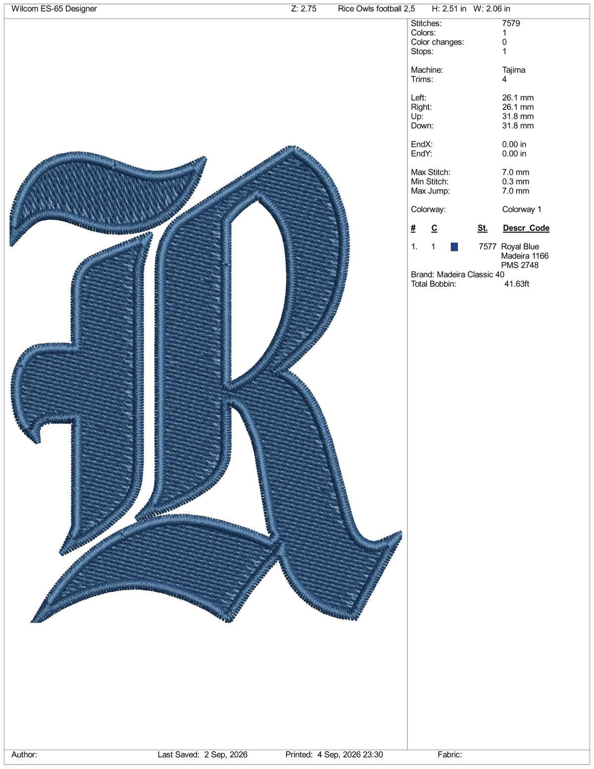 Rice Owls Football Logo Embroidery Design Files - 3 Size's