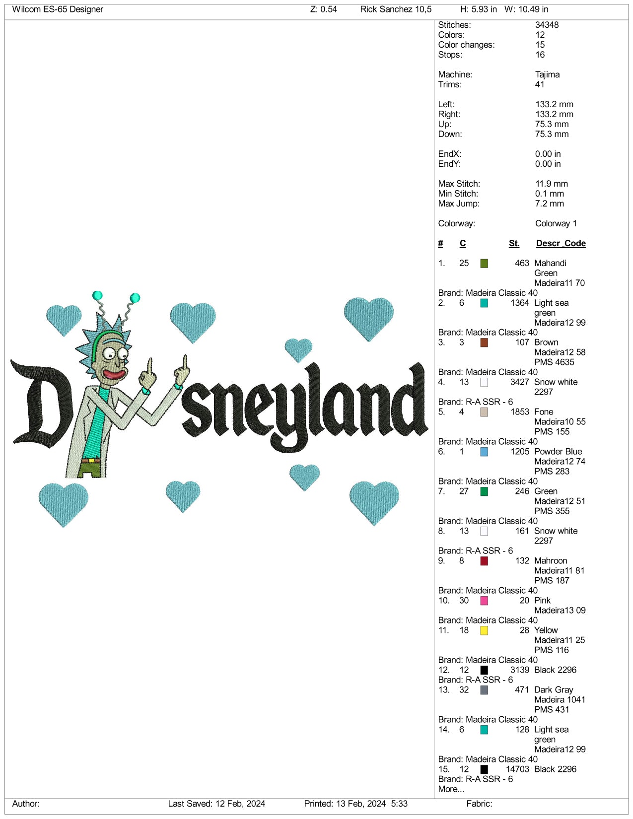 Rick Sanchez Disneyland Embroidery Design Files - 3 Size's