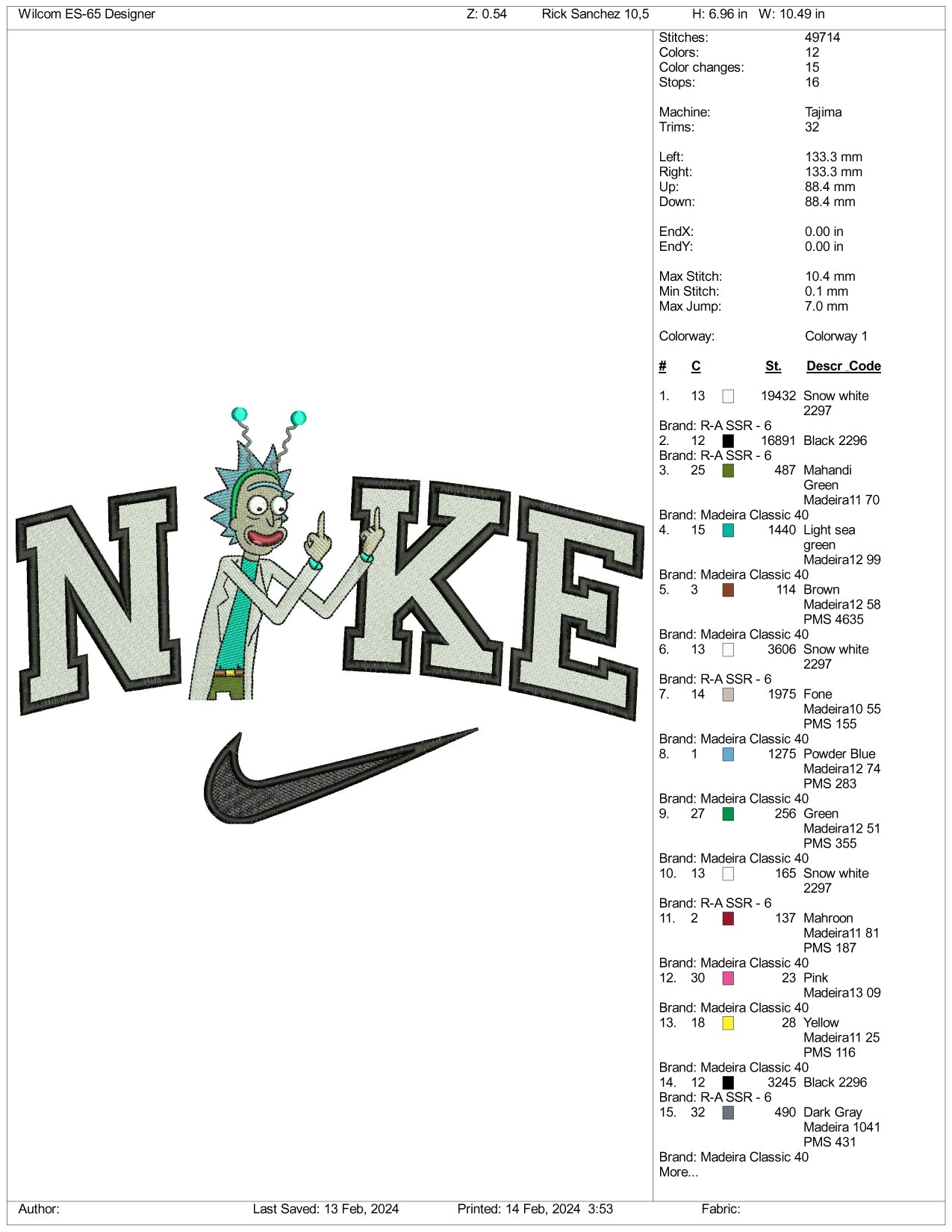 Nike Rick Sanchez Embroidery Design Files - 3 Size's