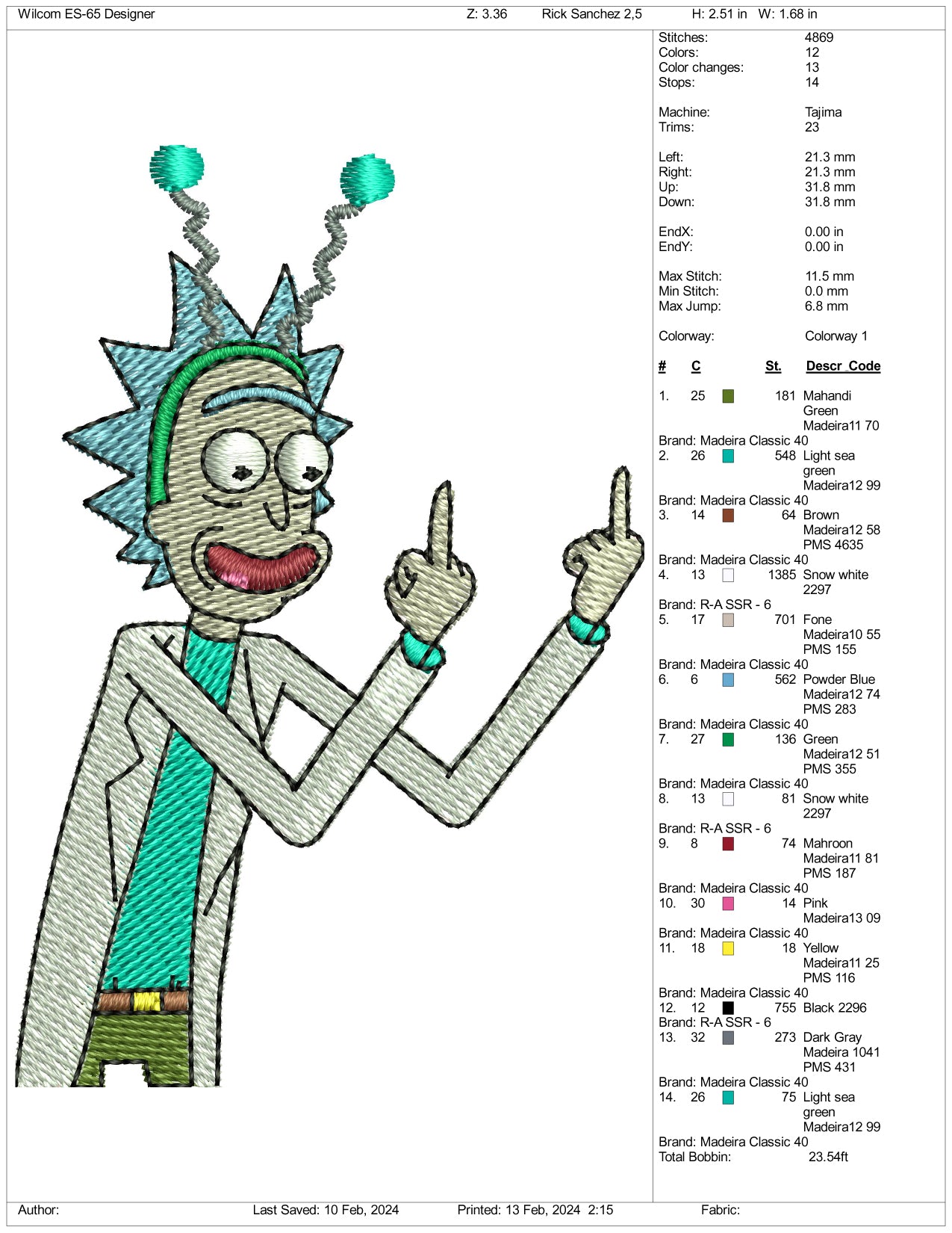 Rick Sanchez Embroidery Design Files - 3 Size's