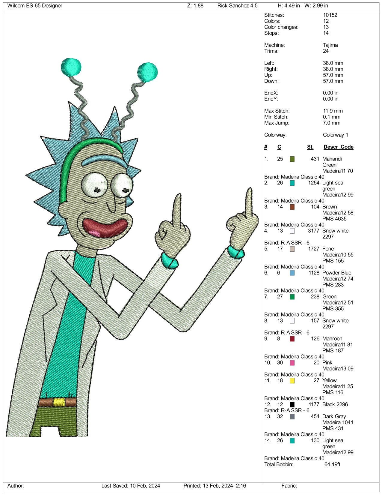 Rick Sanchez Embroidery Design Files - 3 Size's