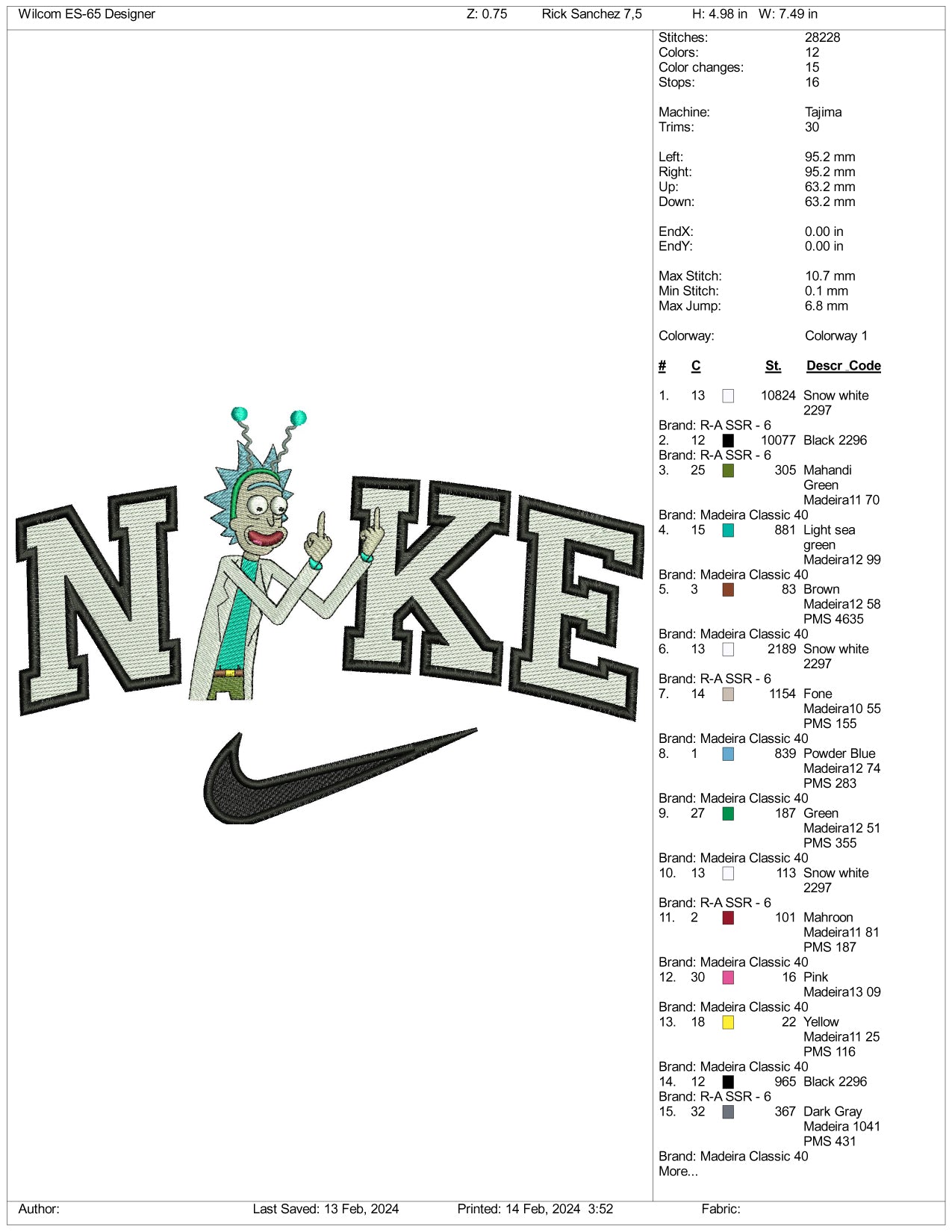 Nike Rick Sanchez Embroidery Design Files - 3 Size's