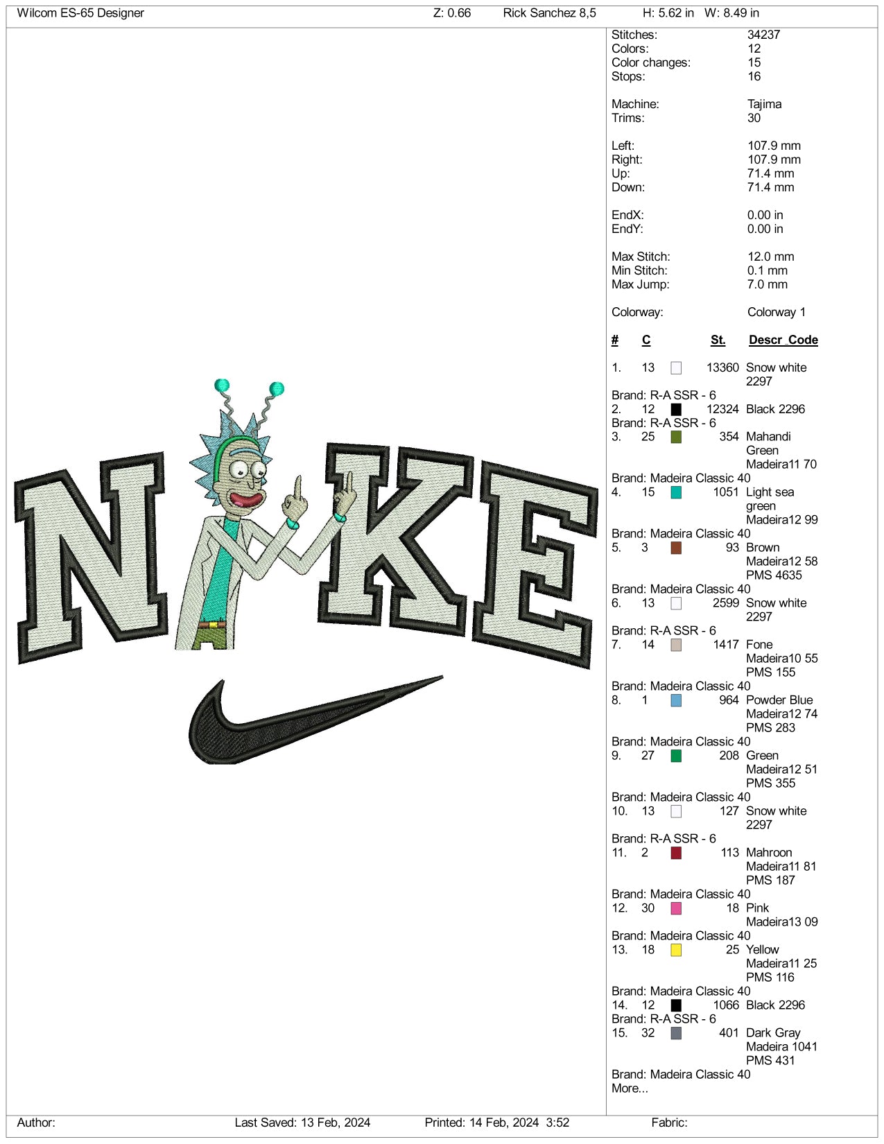 Nike Rick Sanchez Embroidery Design Files - 3 Size's