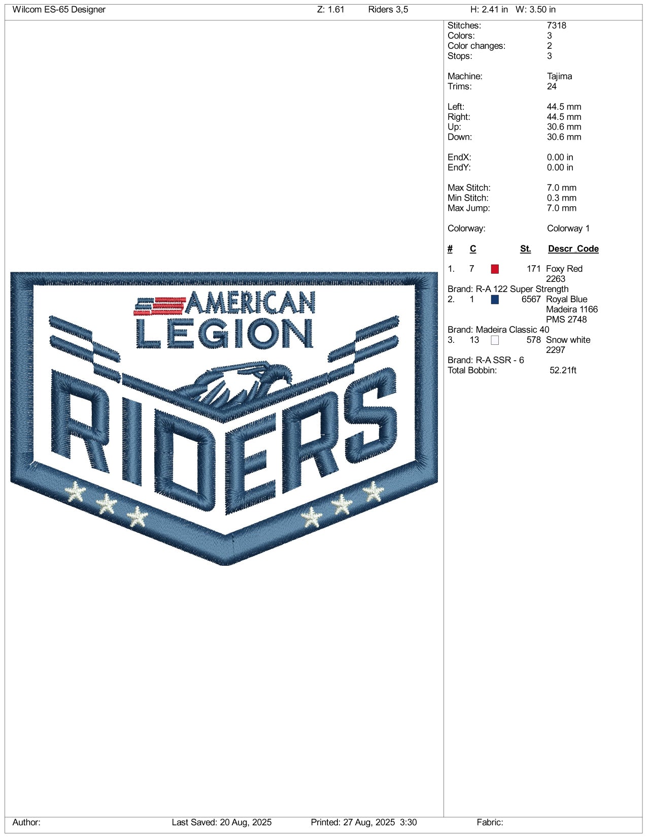 American Legion Riders Embroidery Design Files - 3 Size's