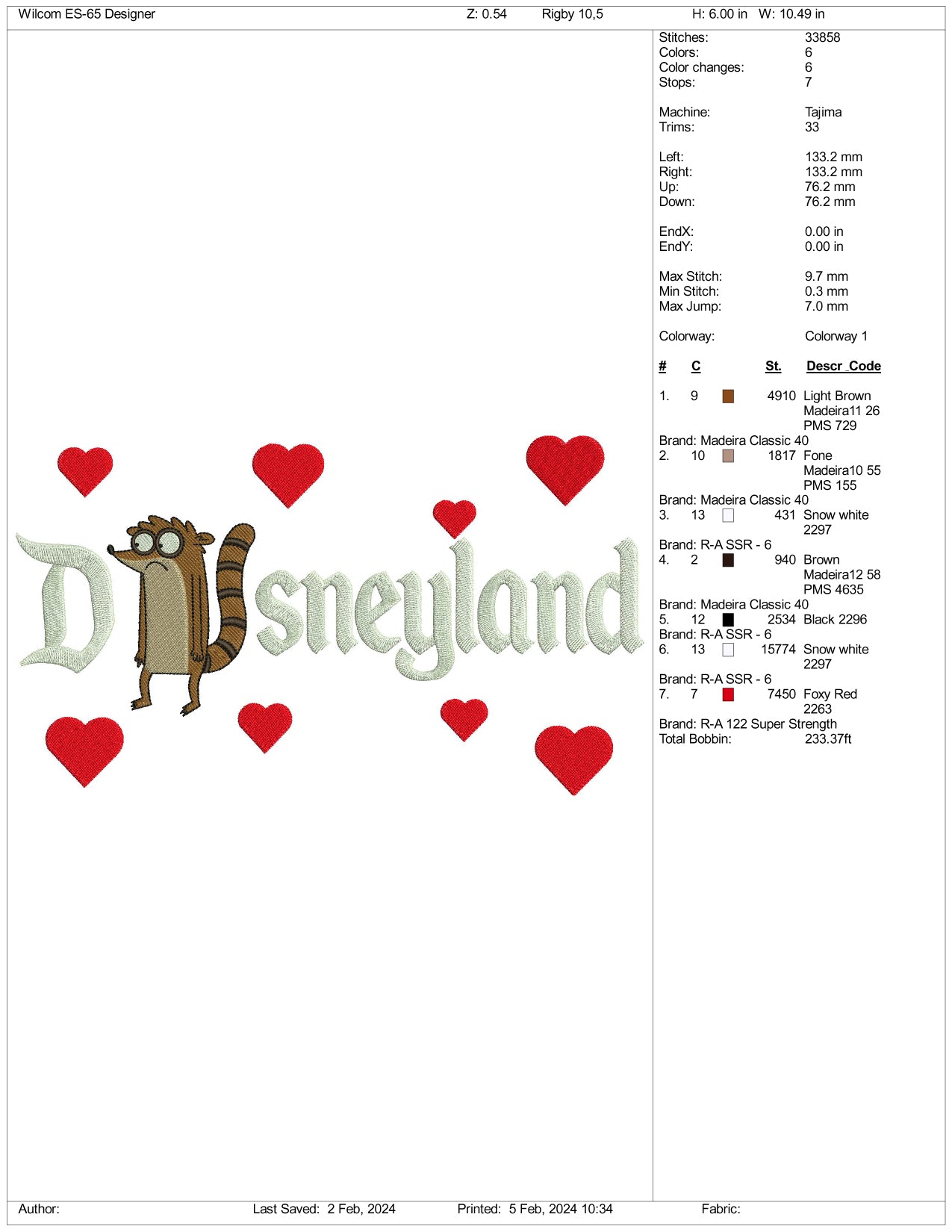 Rigby Disneyland Embroidery Design Files - 3 Size's