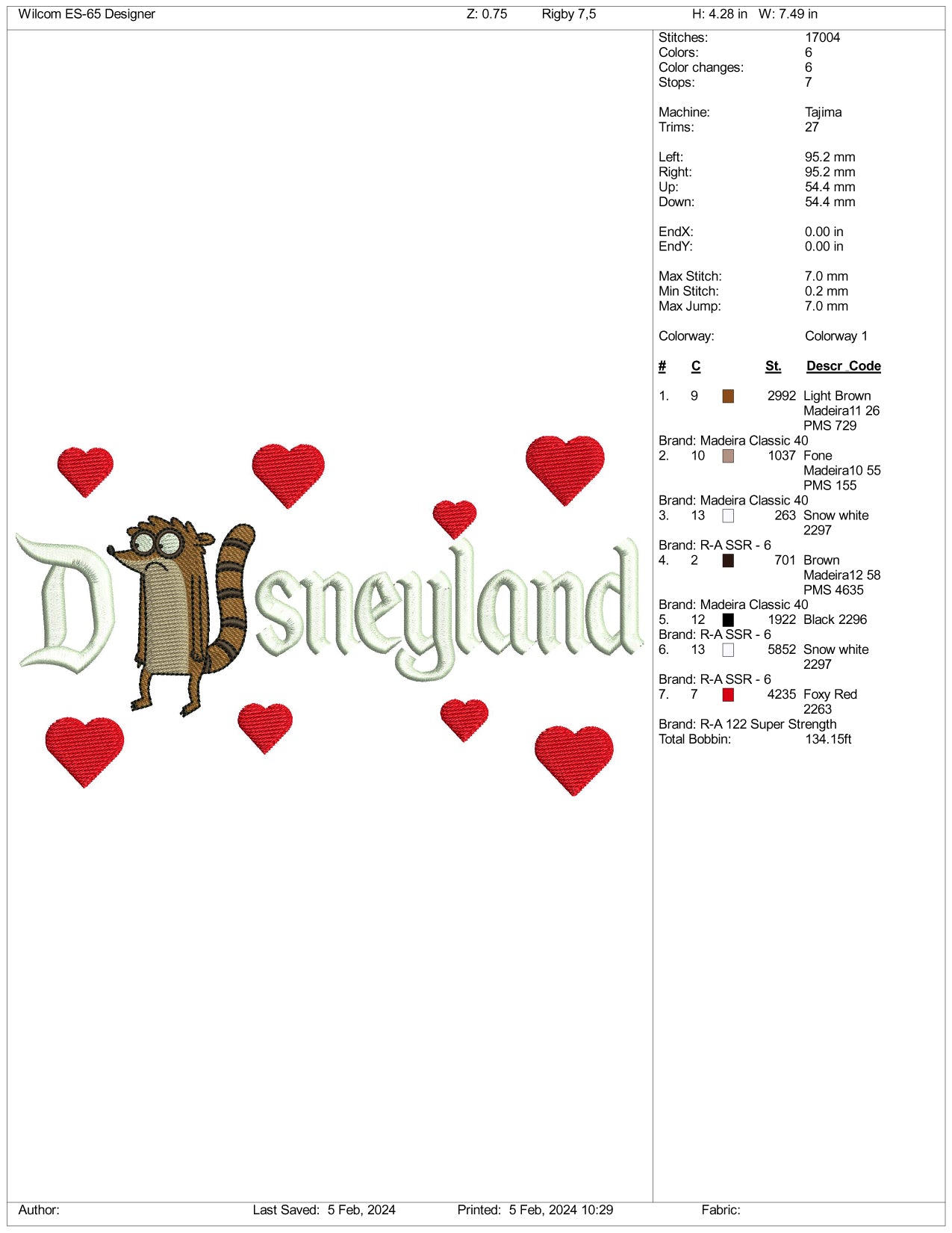 Rigby Disneyland Embroidery Design Files - 3 Size's