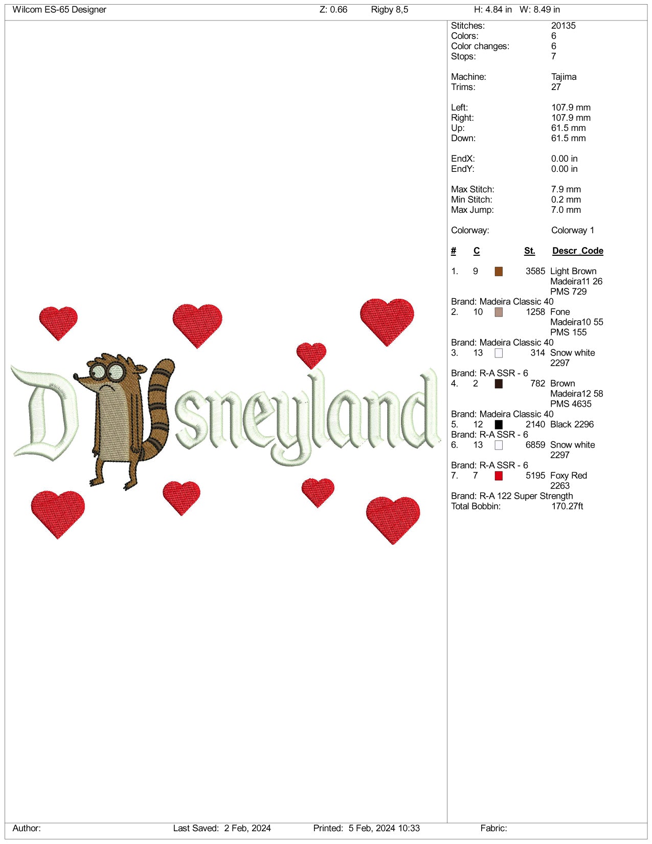 Rigby Disneyland Embroidery Design Files - 3 Size's