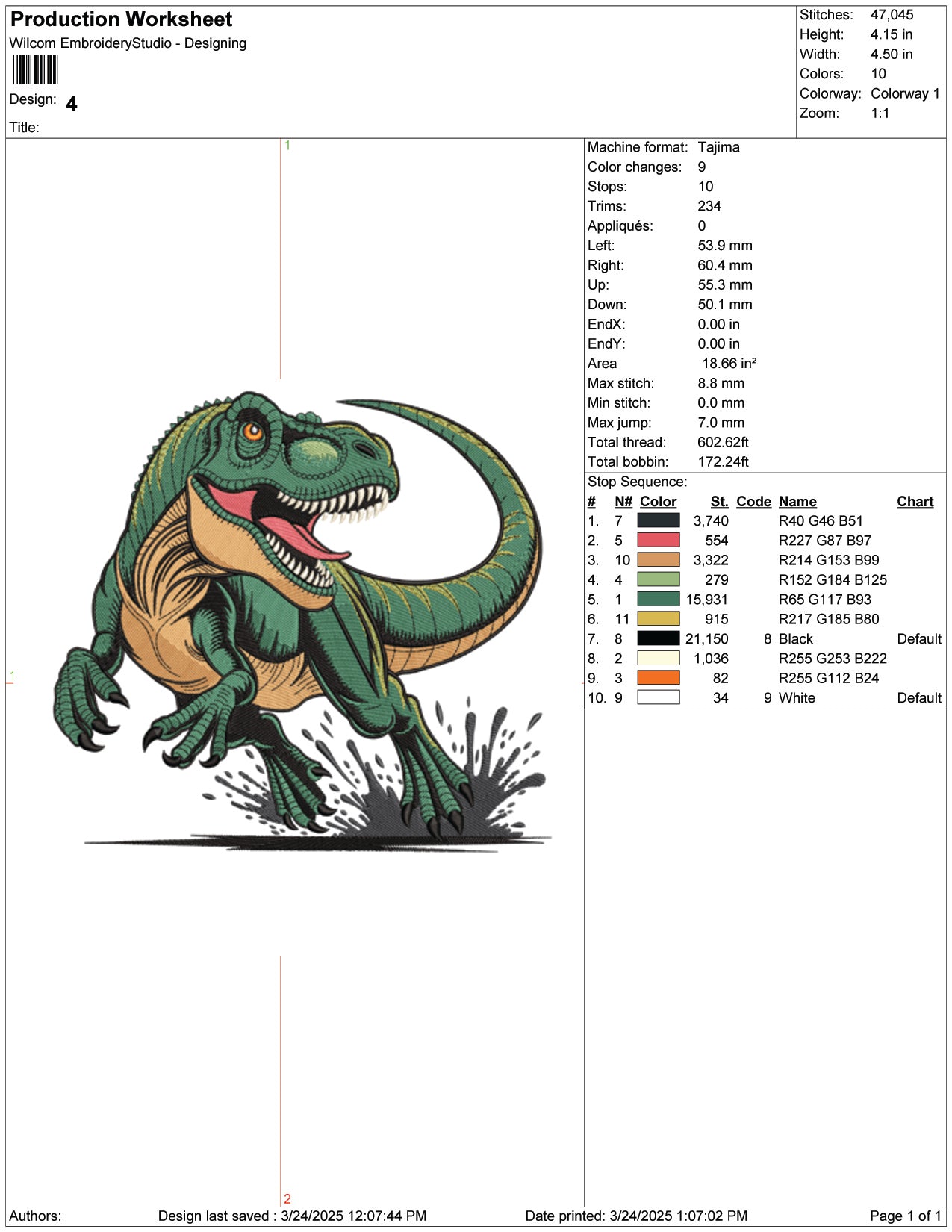 Roaring T Rex Charge Embroidery Design Files - 9 Size's