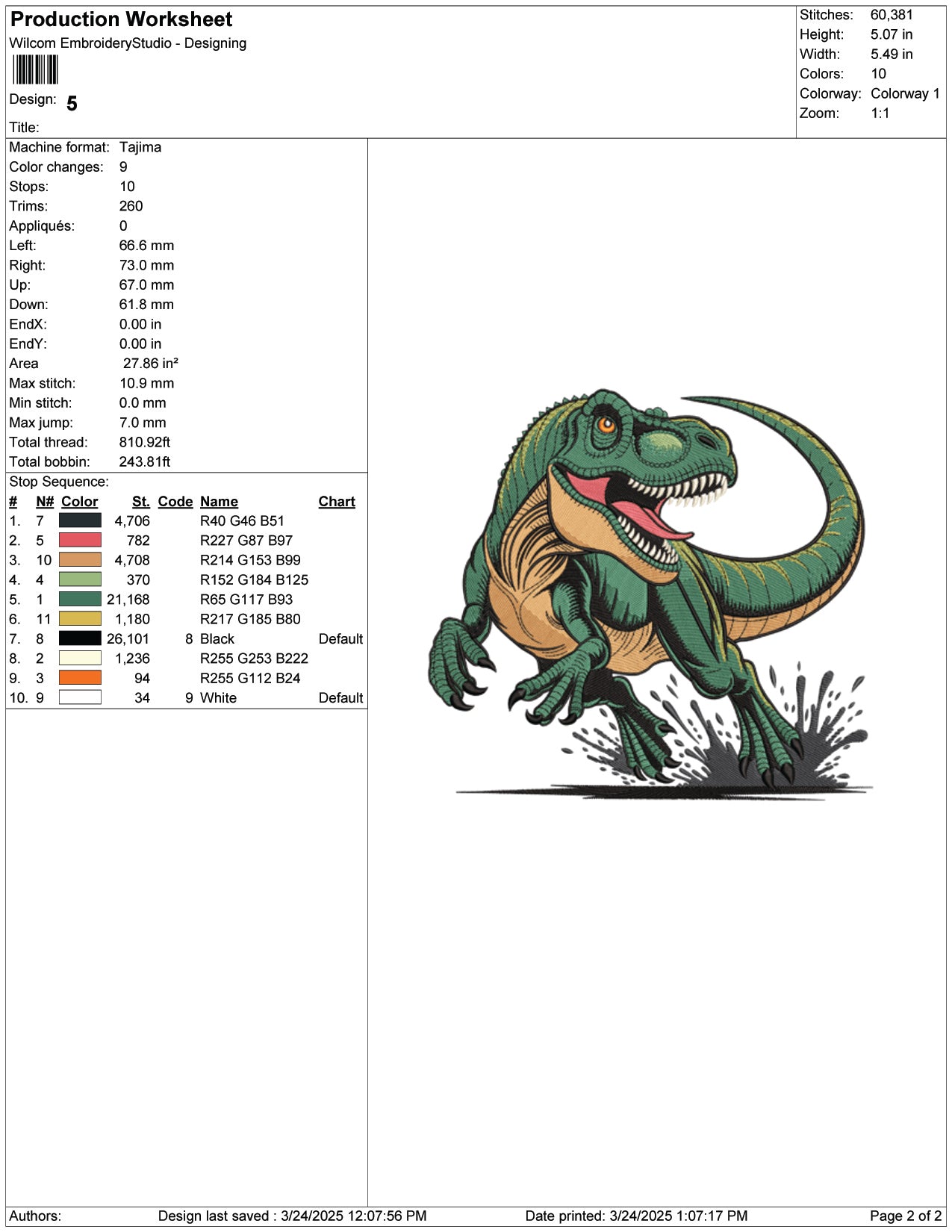 Roaring T Rex Charge Embroidery Design Files - 9 Size's