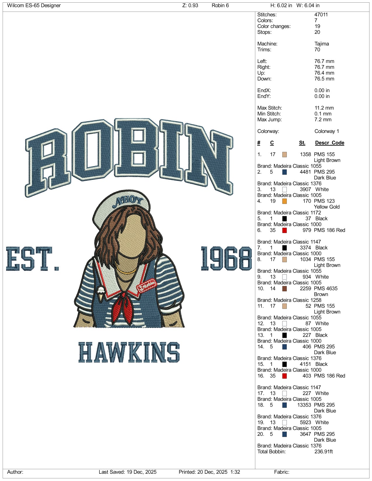 Robin Est 1971 Hawkins Embroidery Design Files - 5 Size's