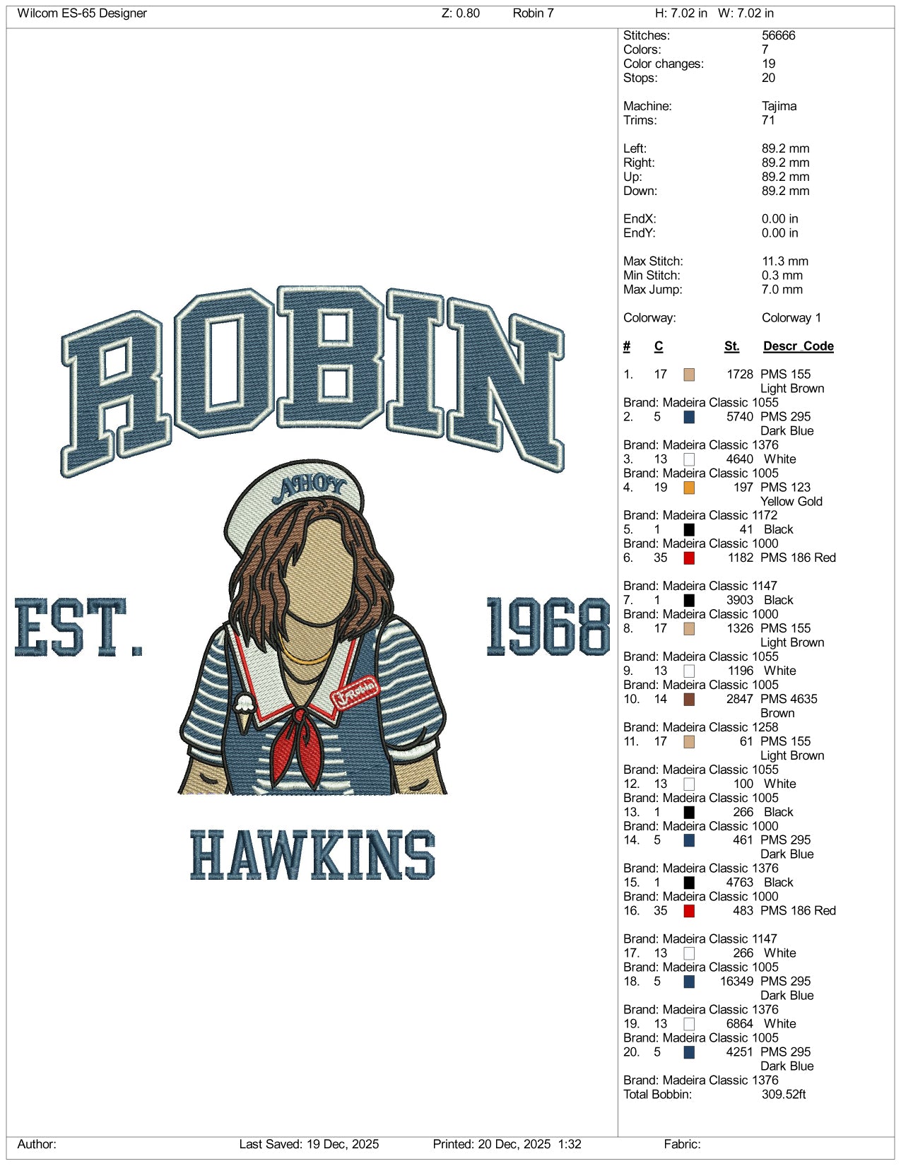 Robin Est 1971 Hawkins Embroidery Design Files - 5 Size's