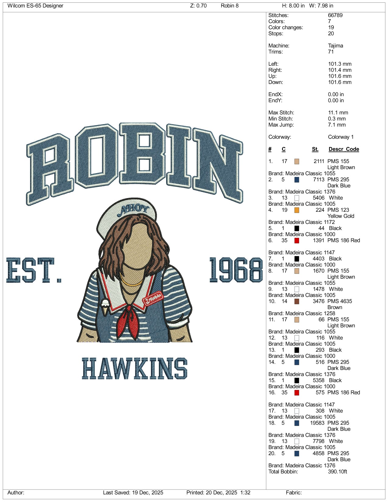 Robin Est 1971 Hawkins Embroidery Design Files - 5 Size's