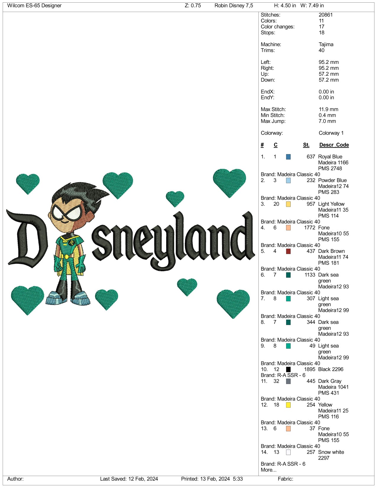 Robin Disneyland Embroidery Design Files - 3 Size's