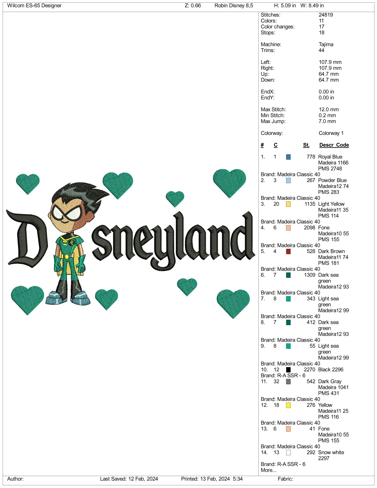 Robin Disneyland Embroidery Design Files - 3 Size's