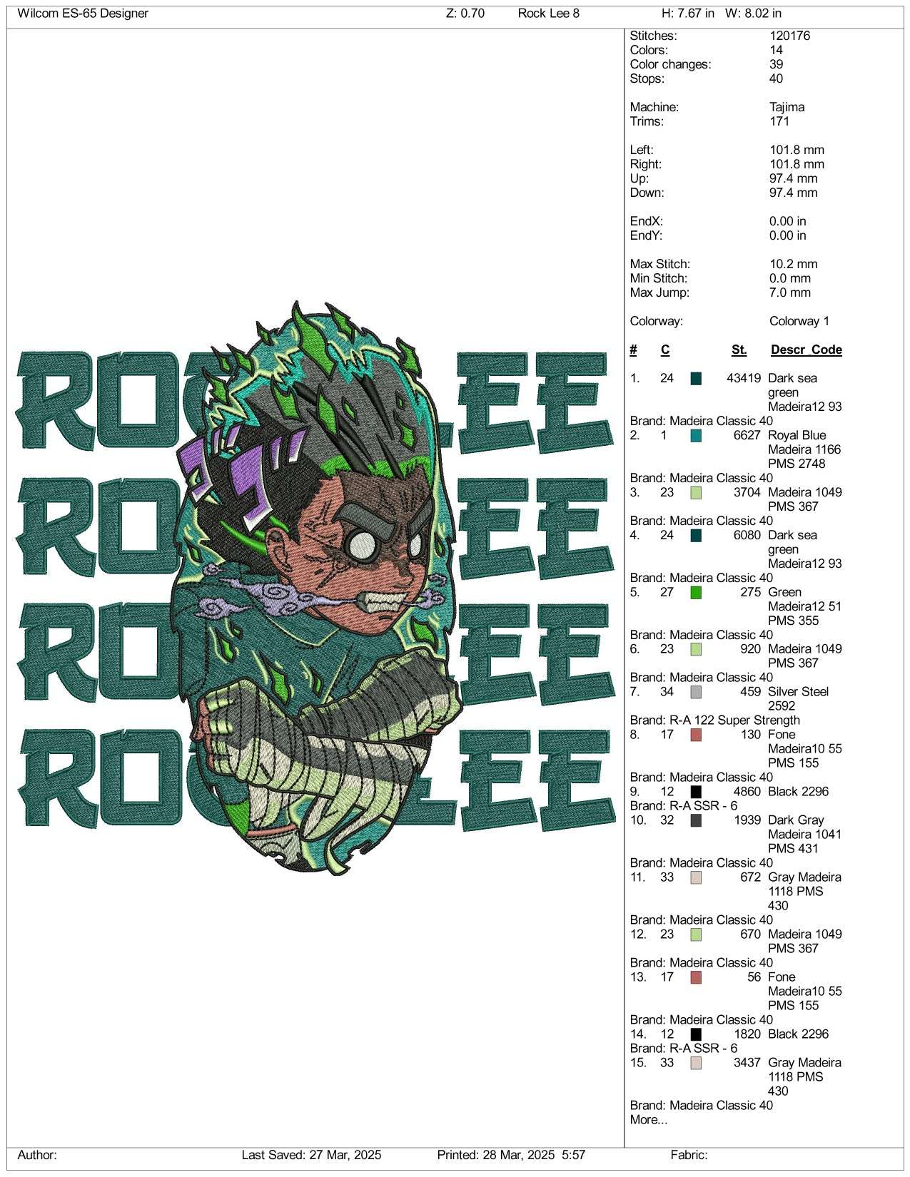 Naruto Rock Lee v2 Embroidery Design Files - 3 Size's