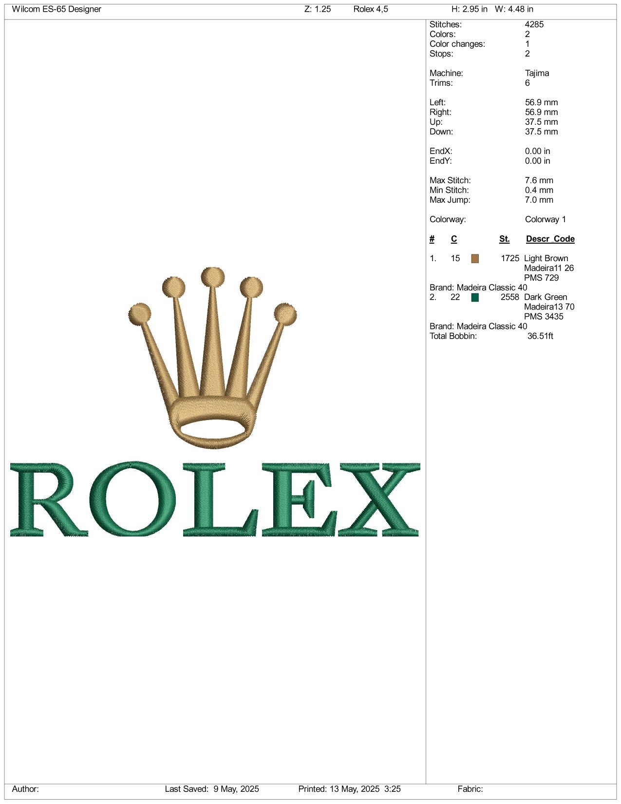 Rolex Logo Embroidery Design Files - 3 Size's
