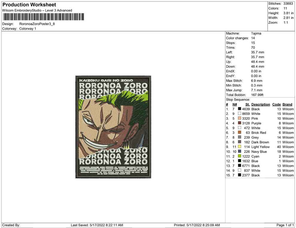 Roronoa Zoro v18 Embroidery Design Files - 4 Size's
