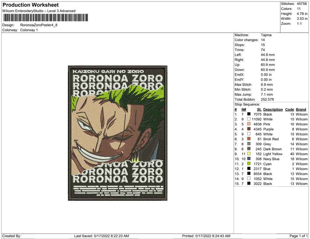 Roronoa Zoro v18 Embroidery Design Files - 4 Size's