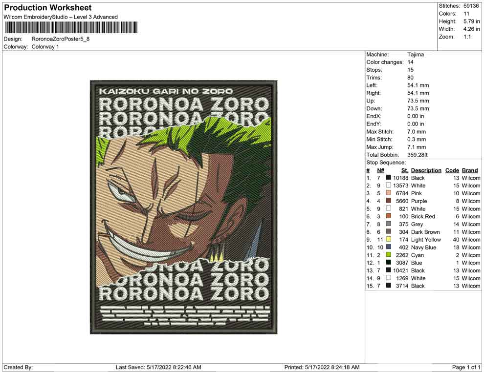 Roronoa Zoro v18 Embroidery Design Files - 4 Size's