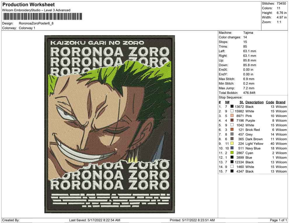 Roronoa Zoro v18 Embroidery Design Files - 4 Size's