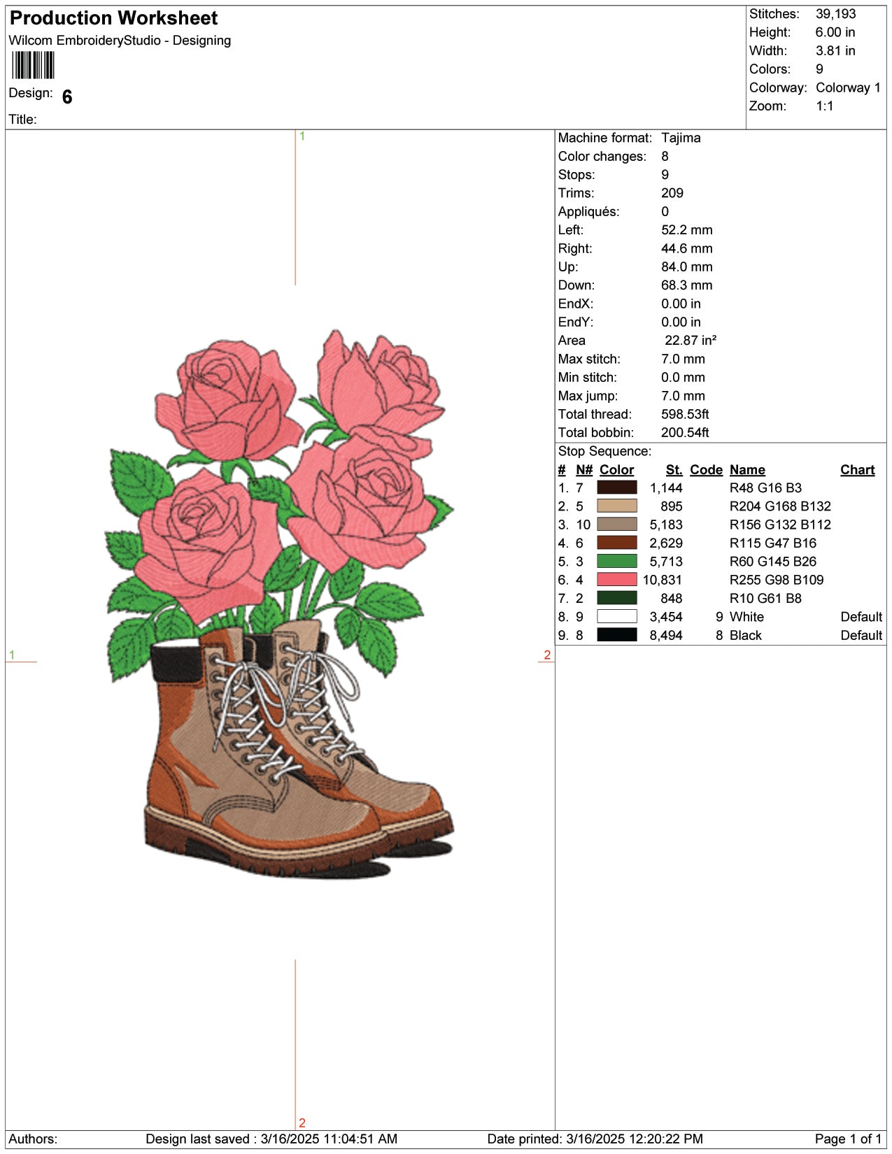 Roses in Work Boots Embroidery Design Files - 9 Size's
