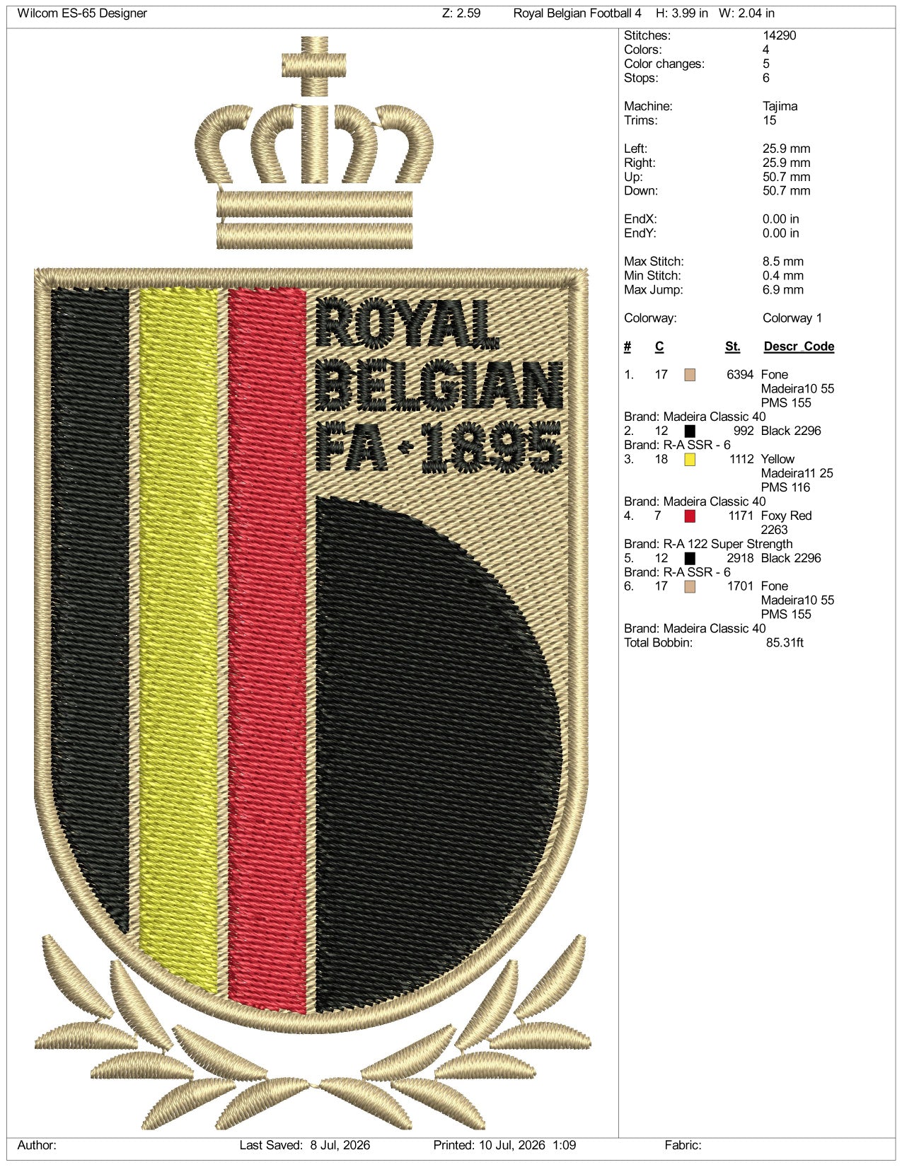 Royal Belgian Football Logo Embroidery Design Files - 3 Size's