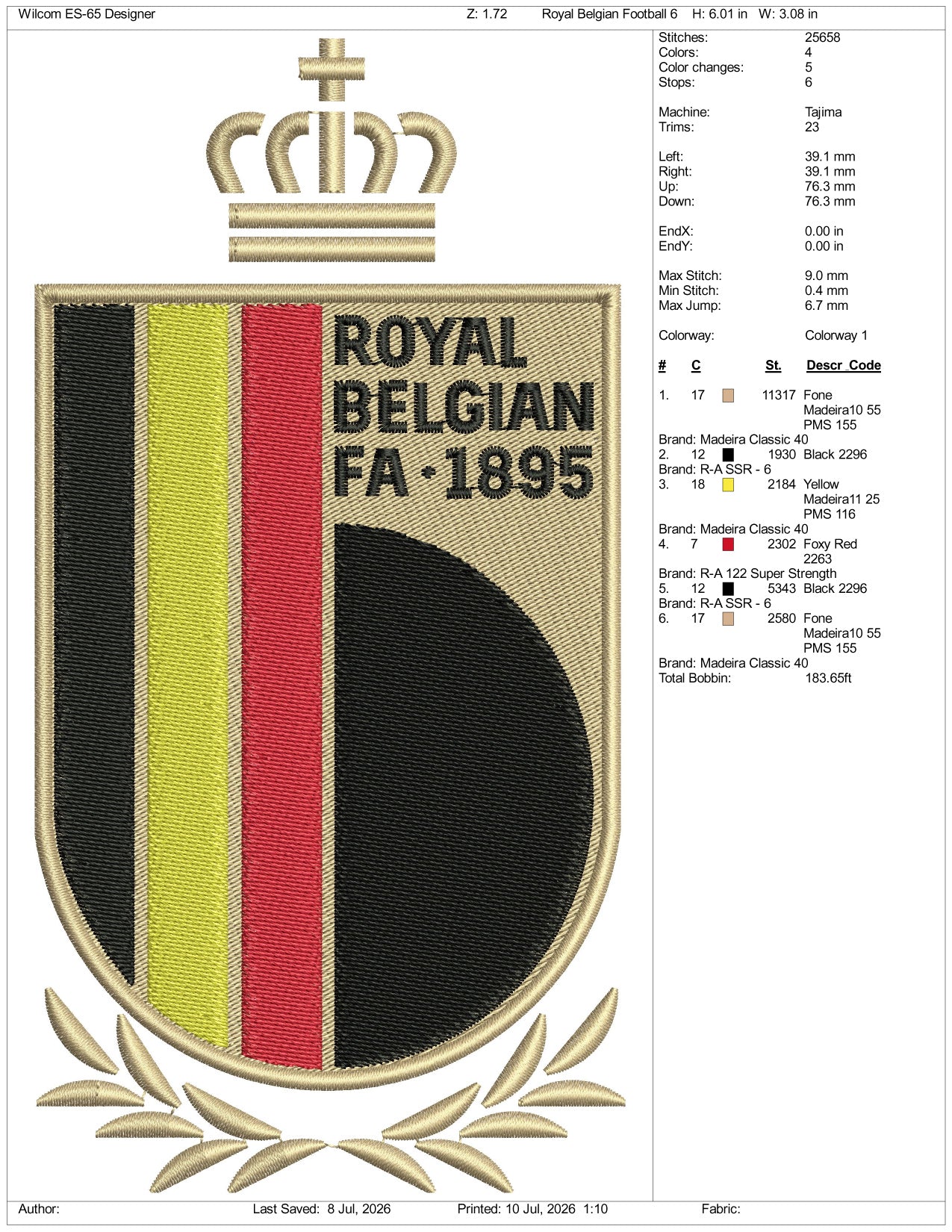 Royal Belgian Football Logo Embroidery Design Files - 3 Size's