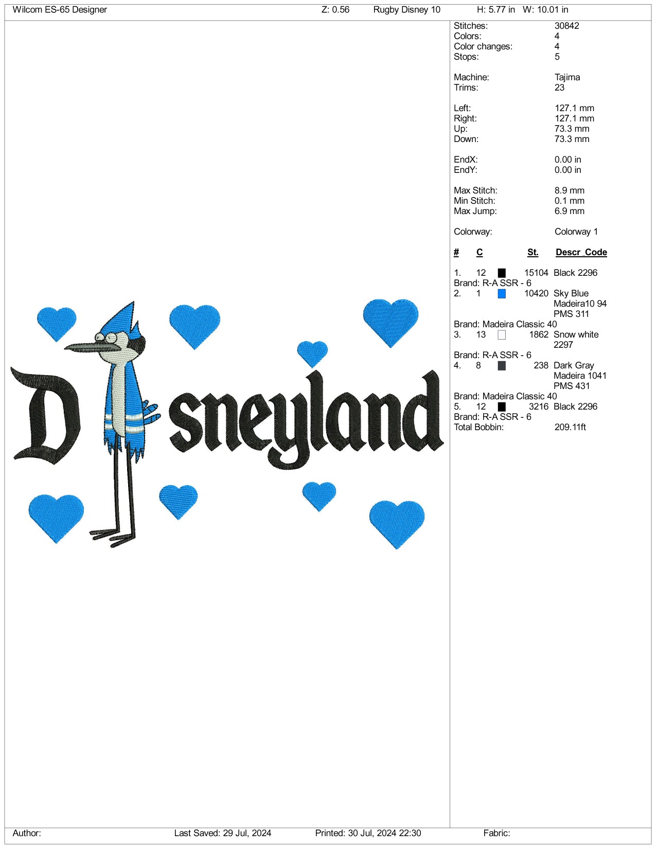 Mordecai Disneyland Embroidery Design Files - 3 Size's