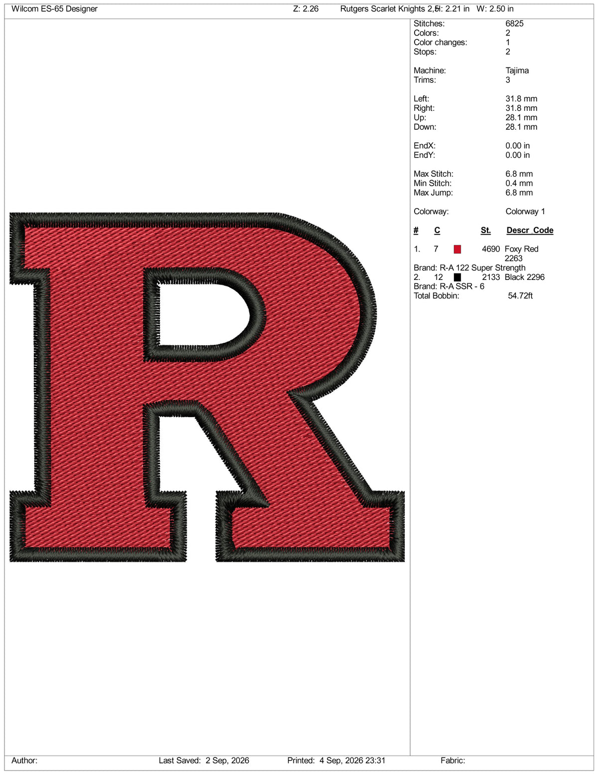 Rutgers Scarlet Knights Logo Embroidery Design Files - 3 Size's