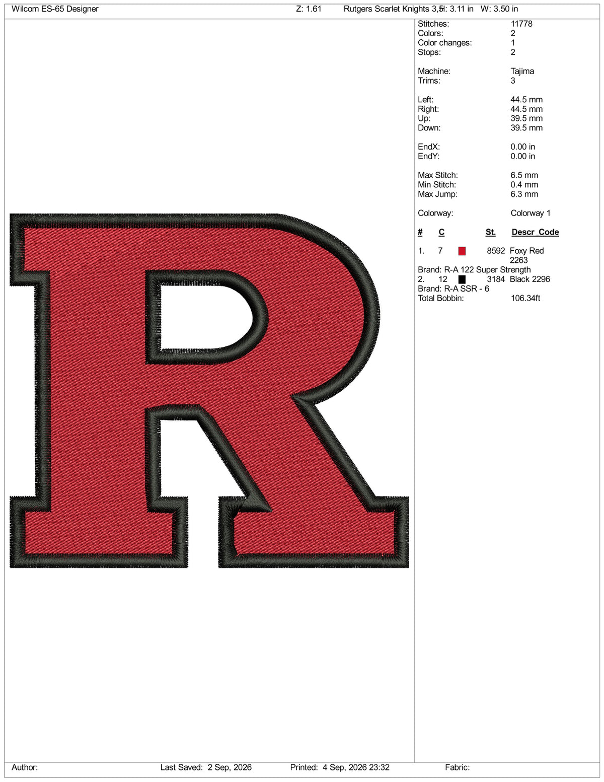 Rutgers Scarlet Knights Logo Embroidery Design Files - 3 Size's