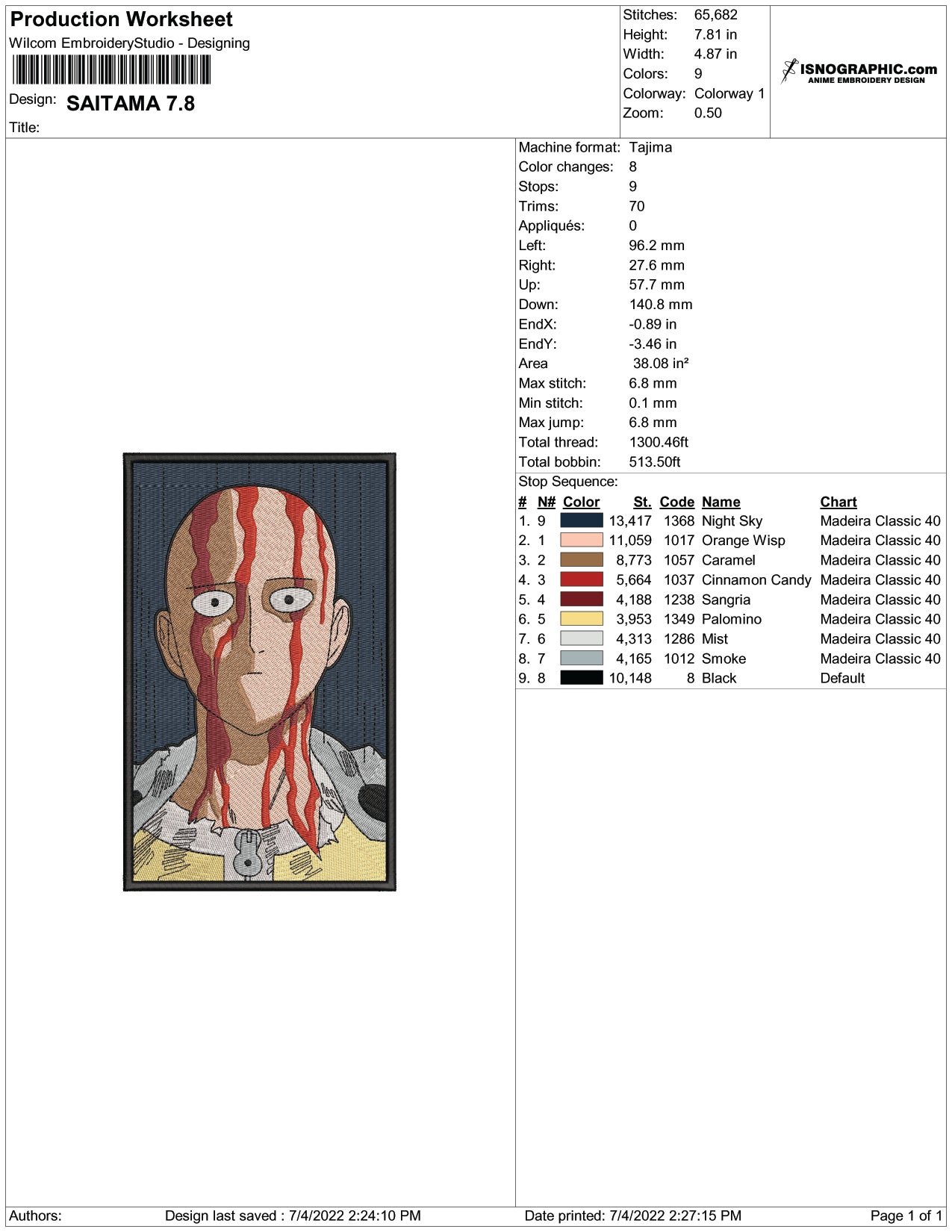 Saitama Blood Embroidery Design Files - 4 Size's