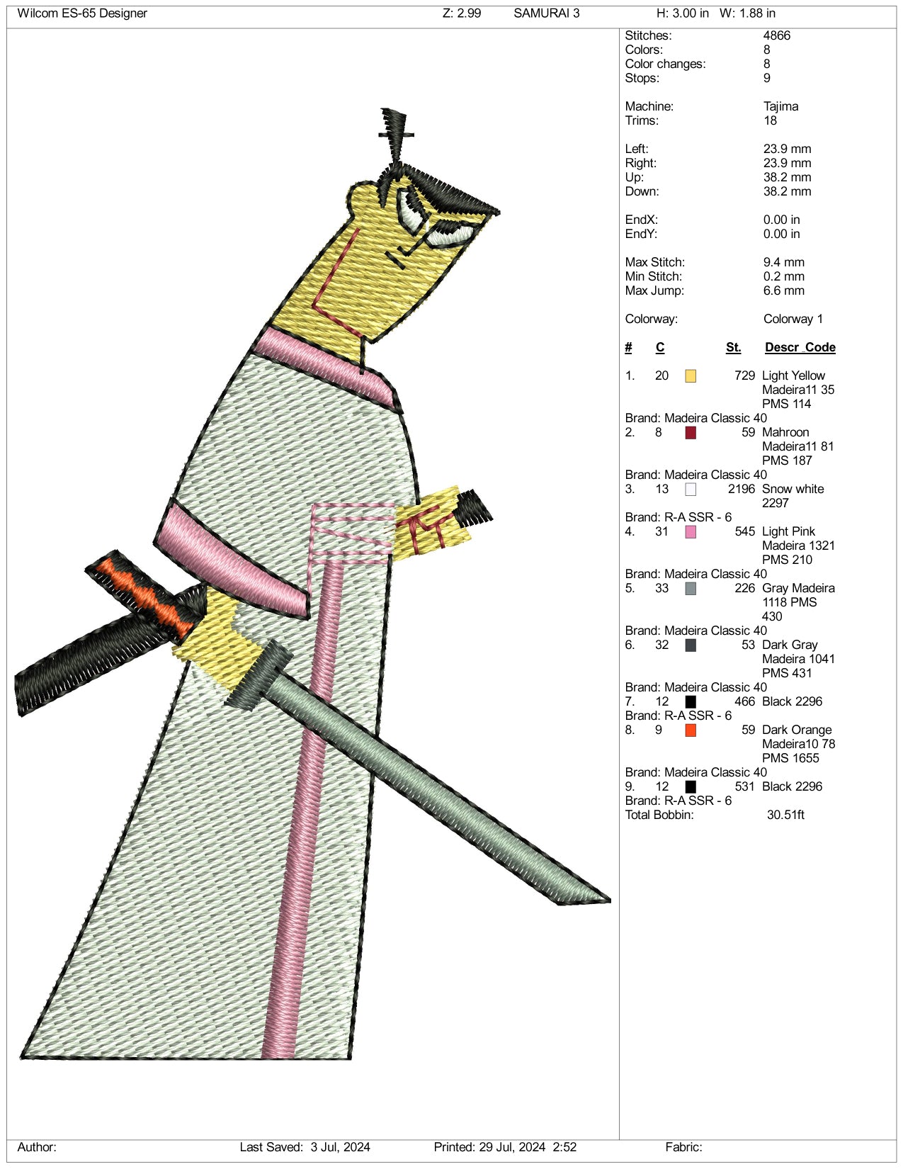 Samurai Jack Embroidery Design Files - 3 Size's