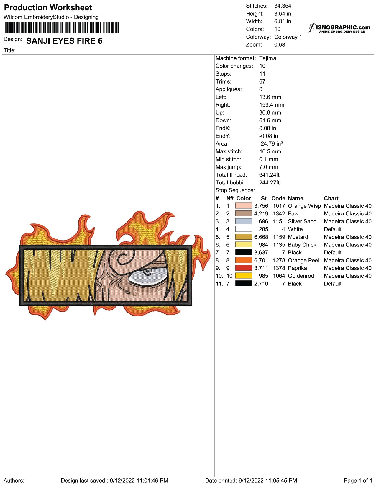 Sanji Eyes Fire Embroidery Design Files - 6 Size's