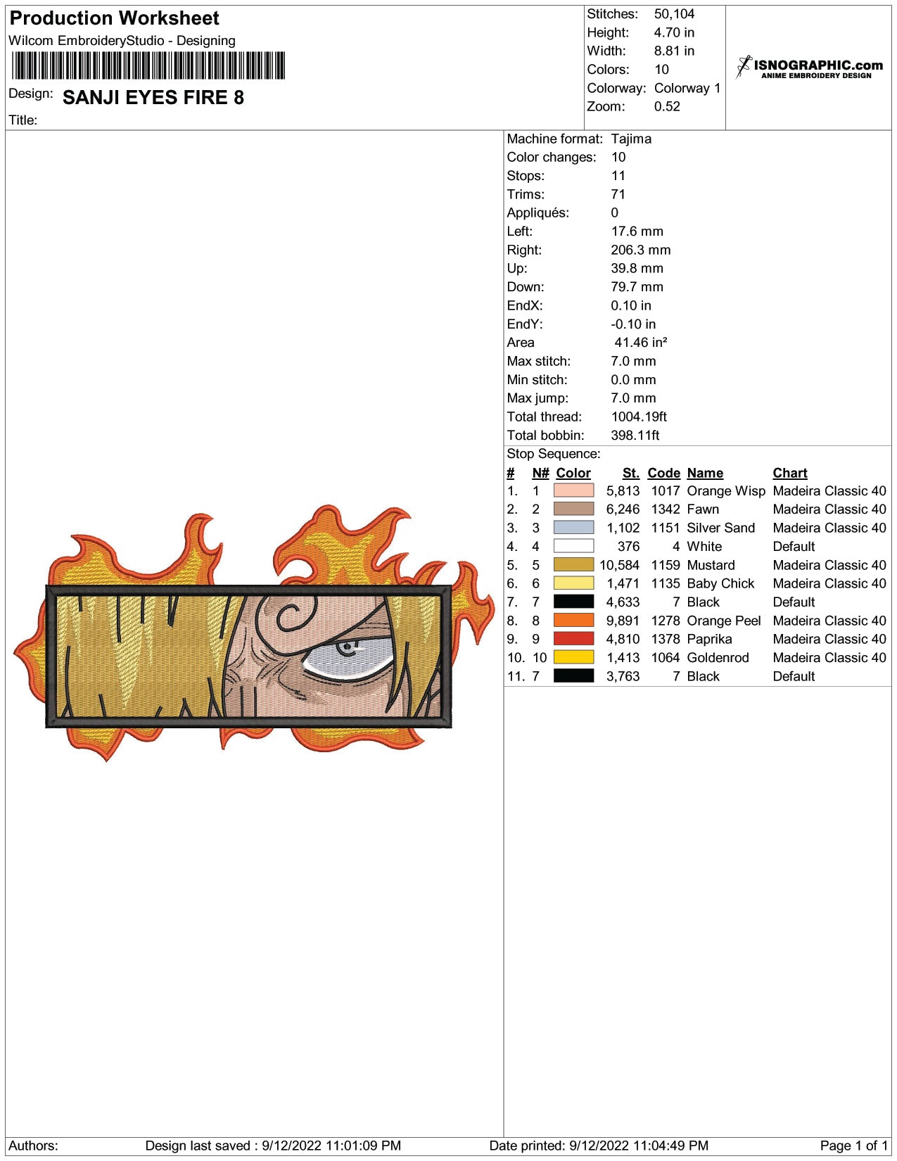Sanji Eyes Fire Embroidery Design Files - 6 Size's