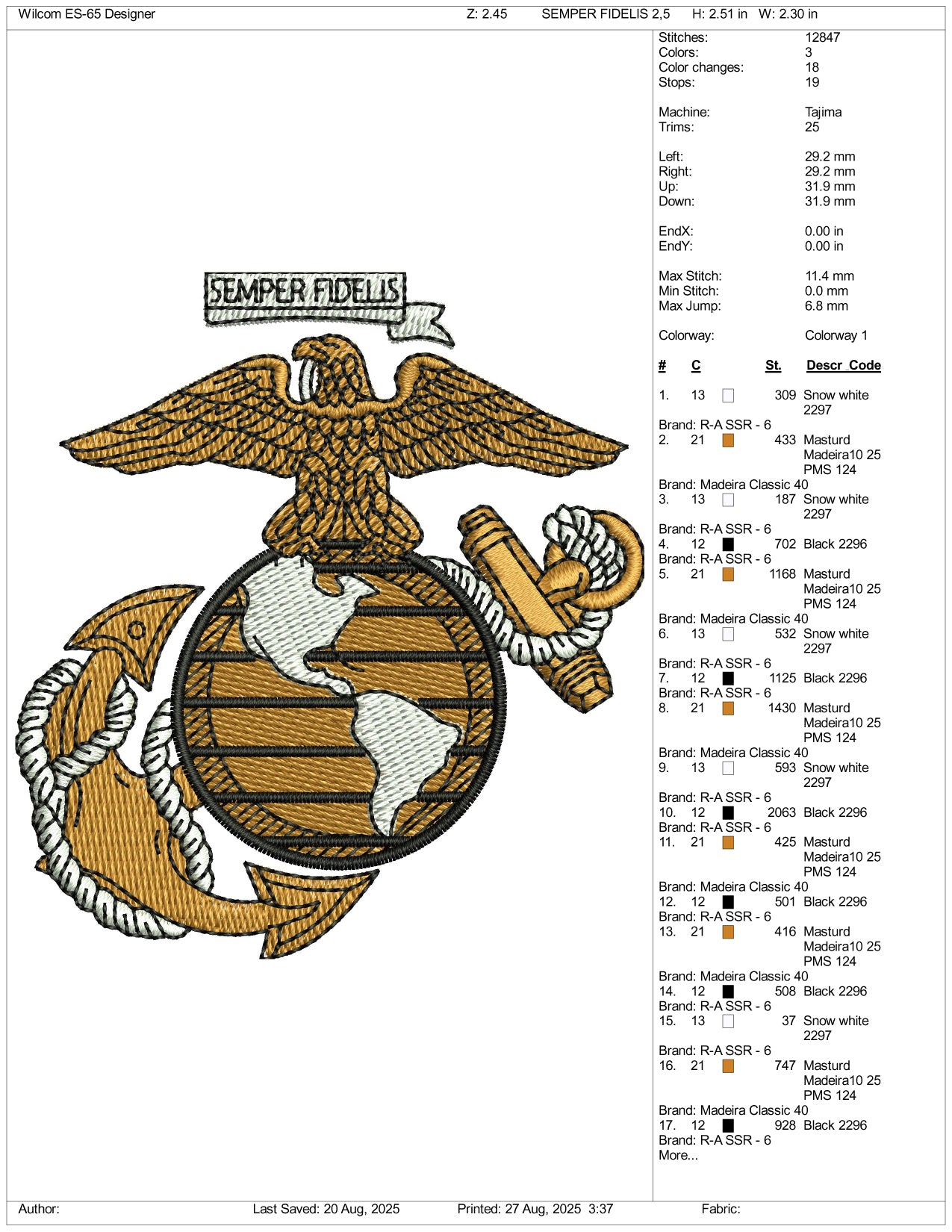 Semper Fidelis Embroidery Design Files - 3 Size's