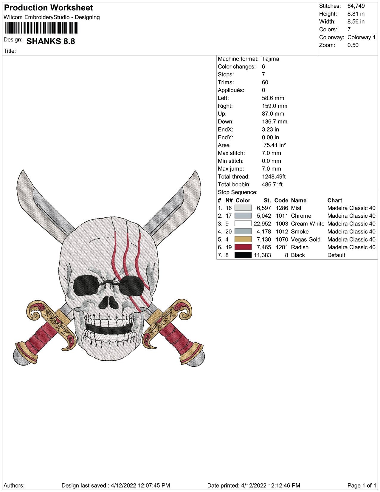 Skull Shanks Logo Embroidery Design Files - 6 Size's