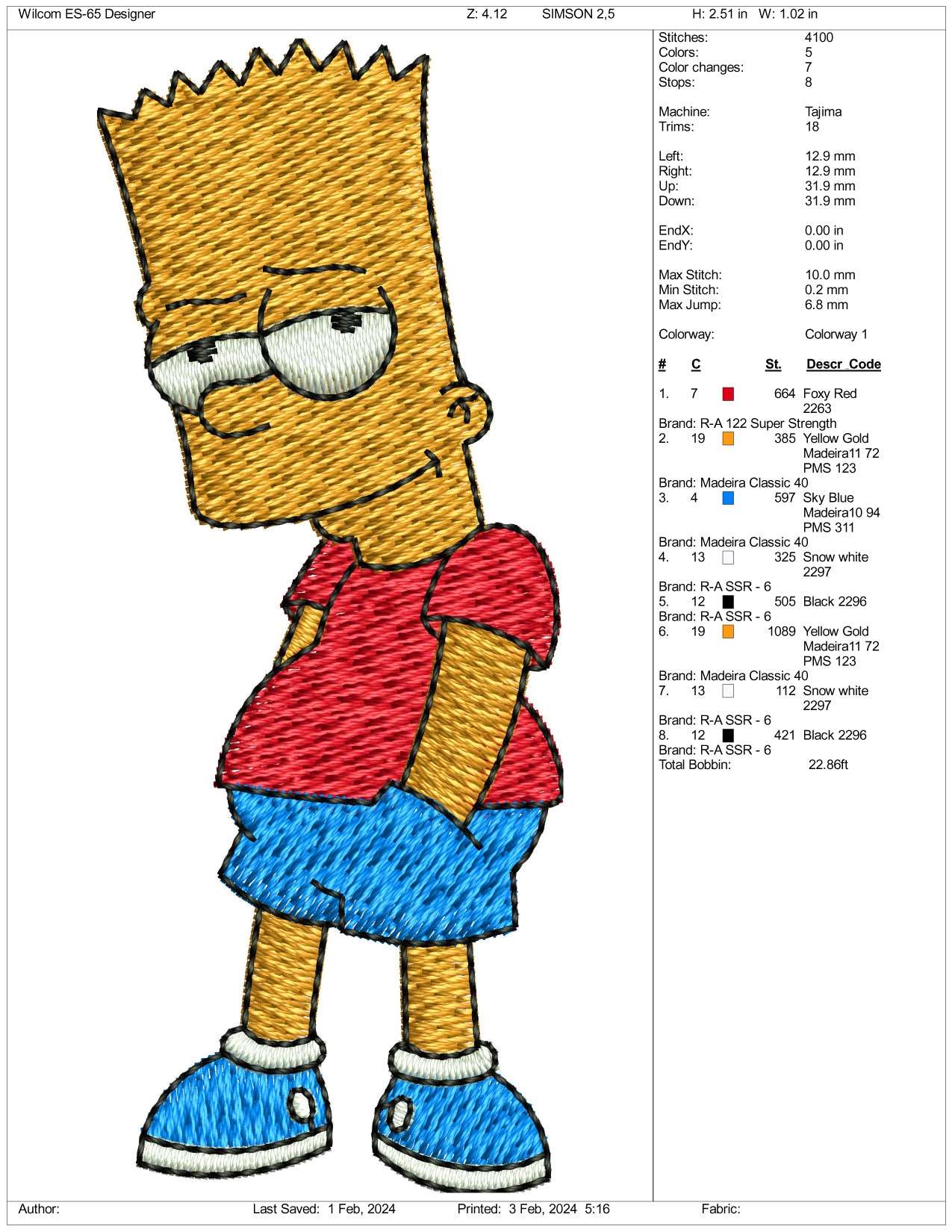 Bart Embroidery Design Files - 3 Size's