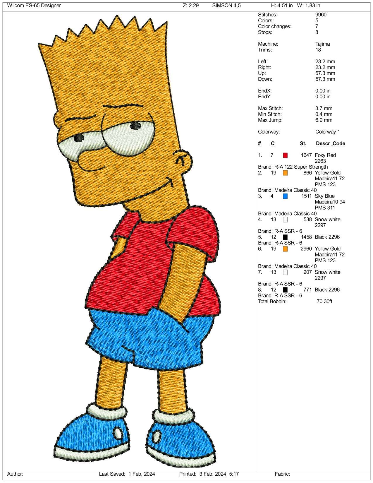 Bart Embroidery Design Files - 3 Size's