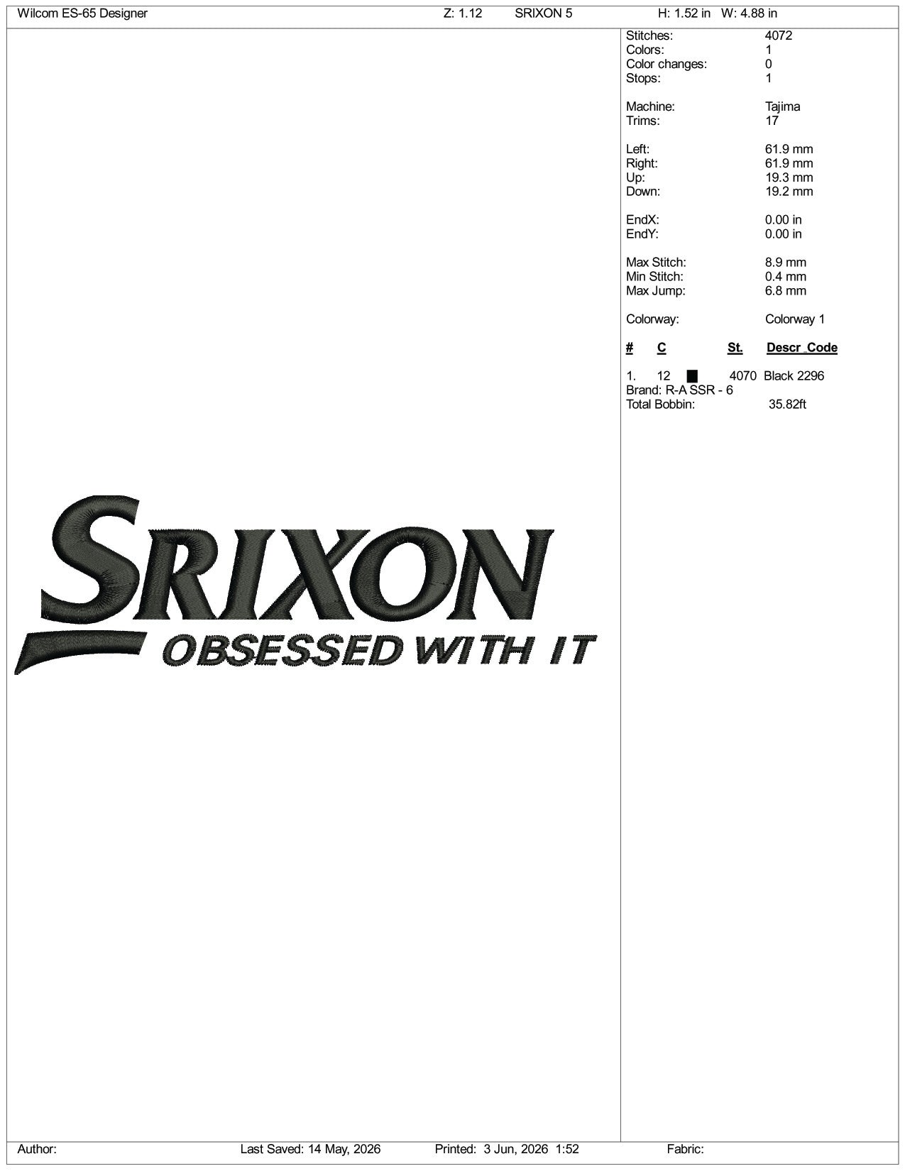 Srixon Obsessed with IT Logo Embroidery Design Files - 3 Size's