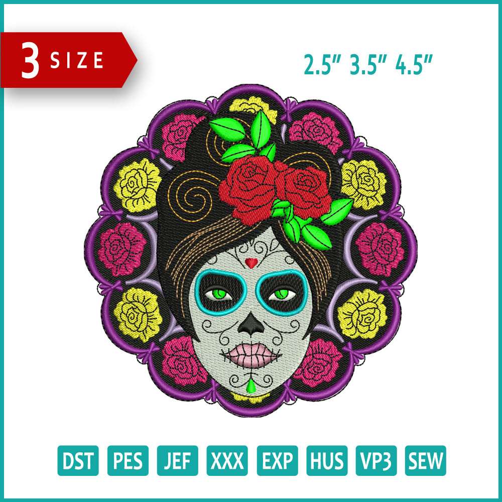 Flower Skull Face v2 Embroidery Design Files - 3 Size's