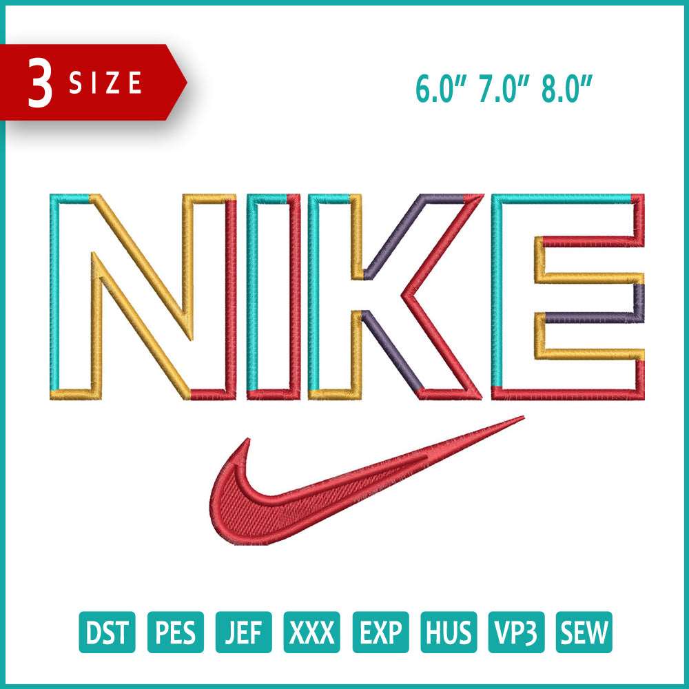 Colorful Nike Embroidery Design Files - 3 Size's