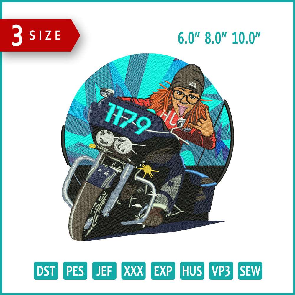 Chill Biker Girl Embroidery Design Files - 3 Size's