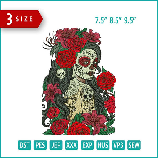 Flowor Skull Girl Embroidery Design Files - 3 Size's