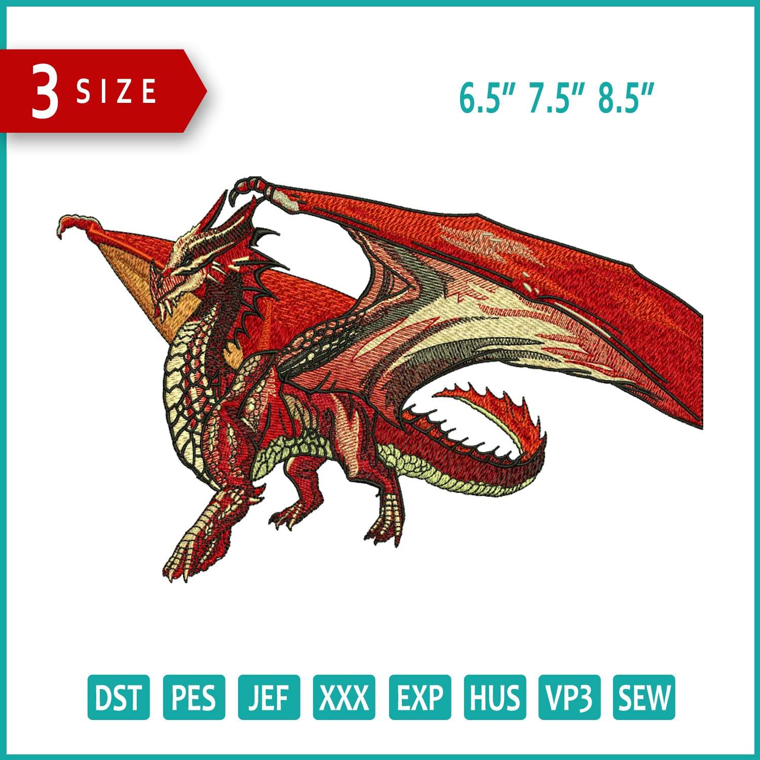 Ancient Red Dragon Embroidery Design Files - 3 Size's