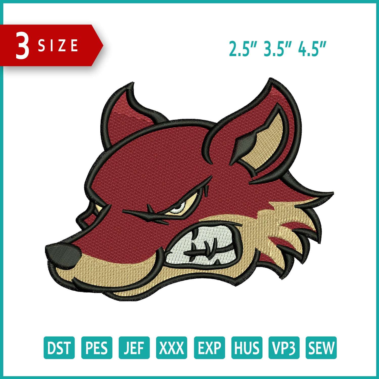 Angry Wolf Embroidery Design Files - 3 Size's