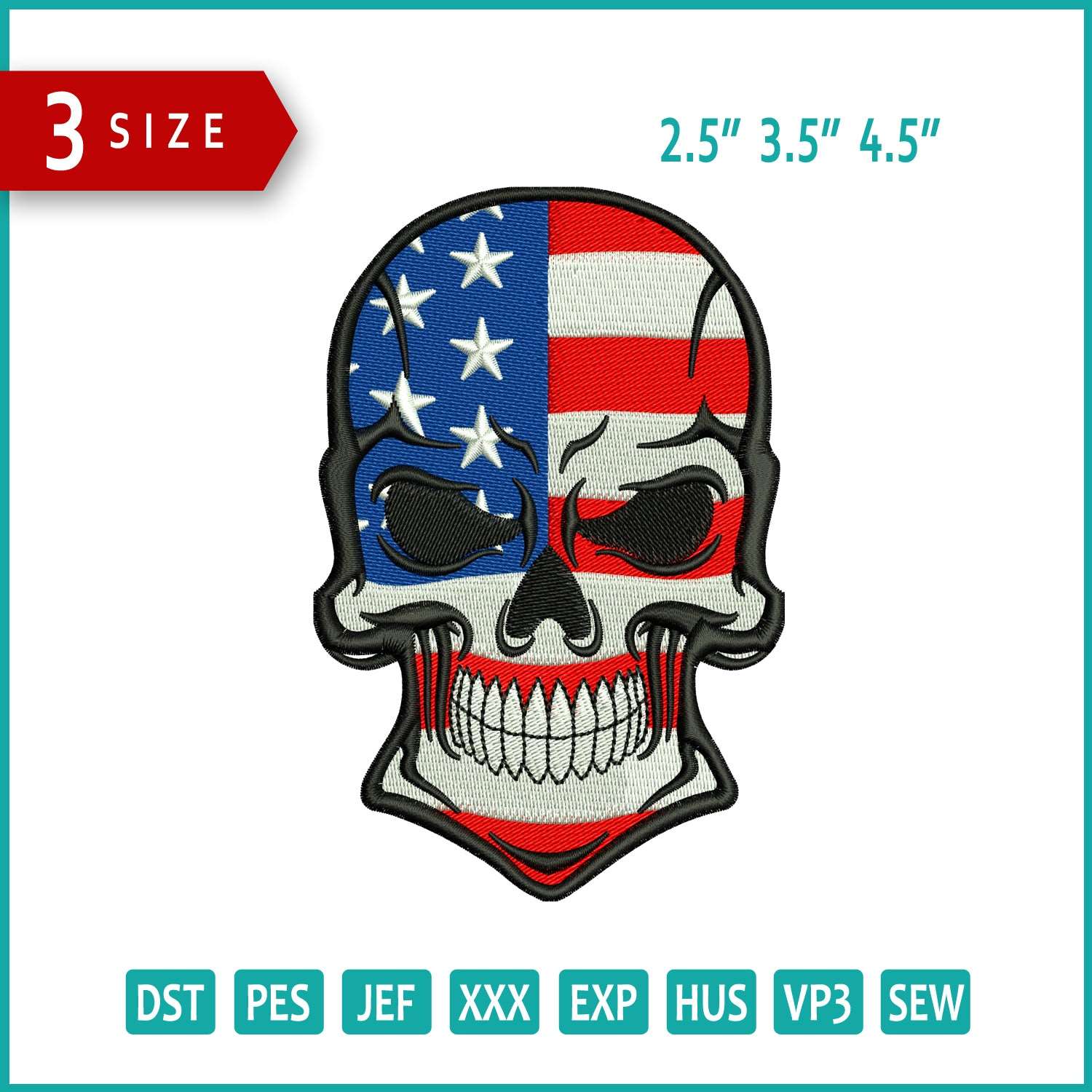 America Skull Flag Embroidery Design Files - 3 Size's