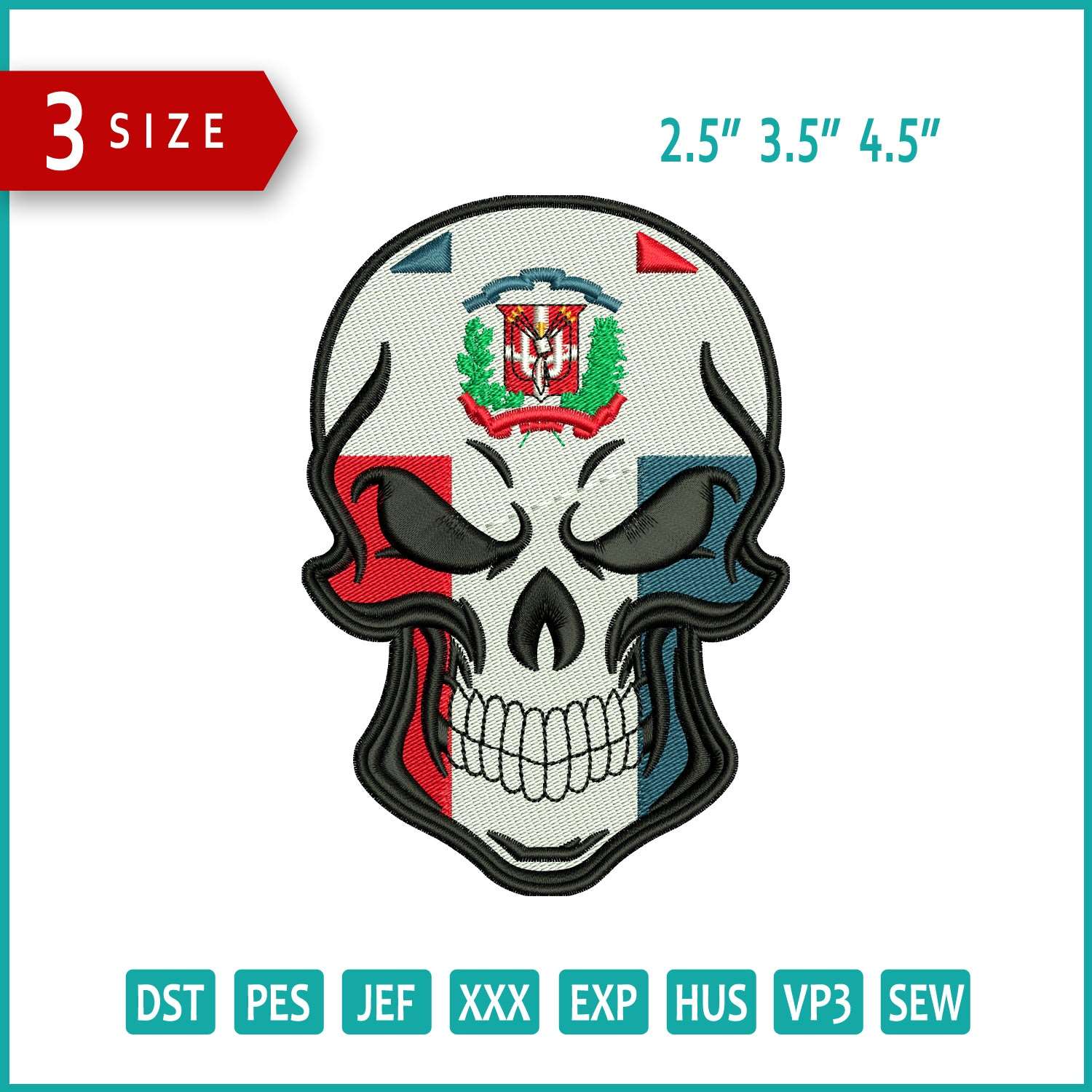 Dominican Republic Skull Flag Embroidery Design Files - 3 Size's